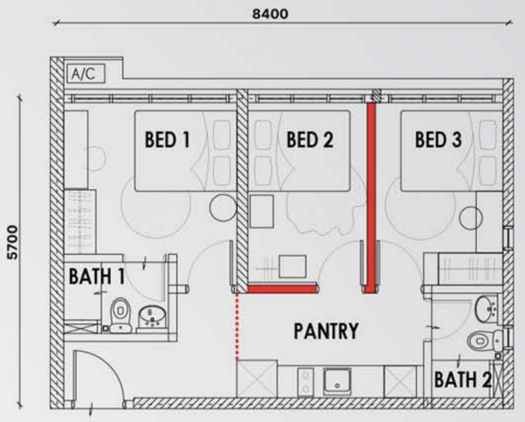 Type B1 dual-key floor plan, 517 sq ft, with the added partition and door marked in red