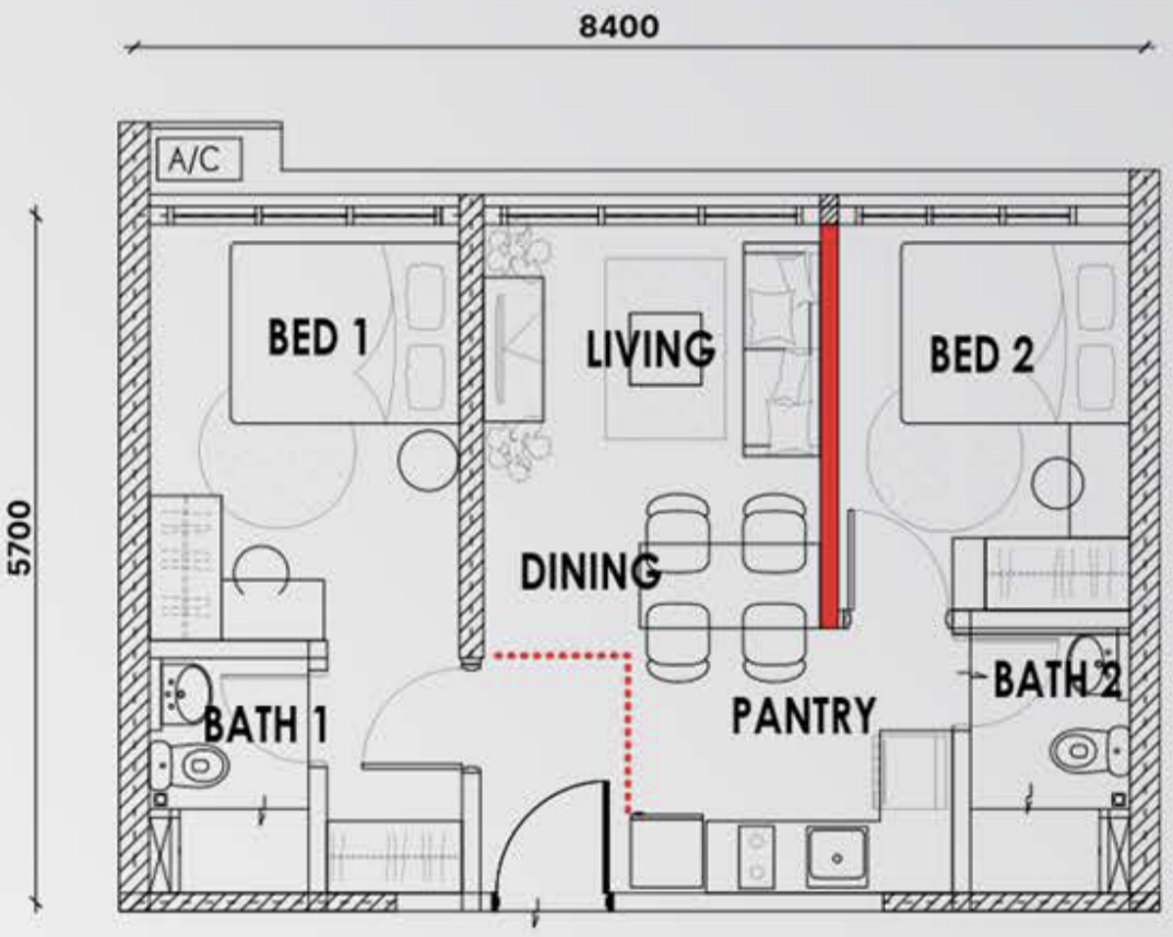 Type B2 dual-key floor plan, 517 sq ft, with the added partition and door marked in red