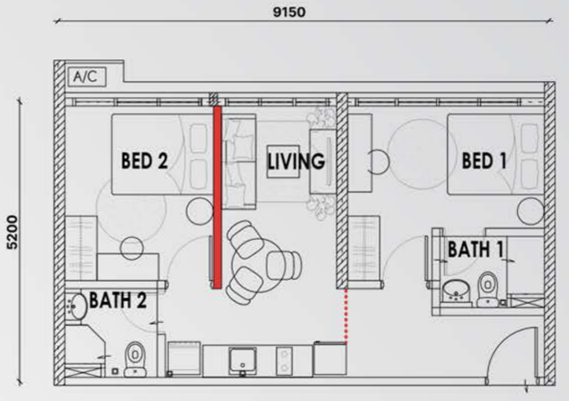 Type C1 dual-key floor plan, 506 sq ft, with the added partition and door marked in red