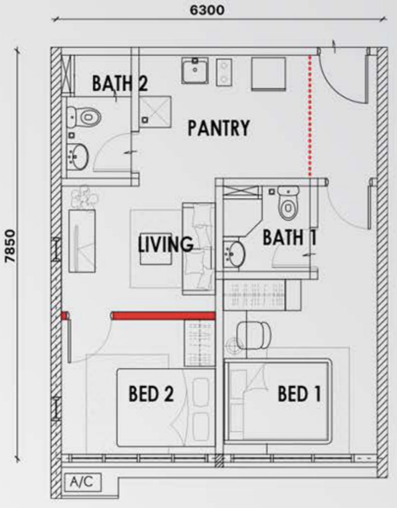 Type D2 dual-key floor plan, 527 sq ft, with the added partition and door marked in red