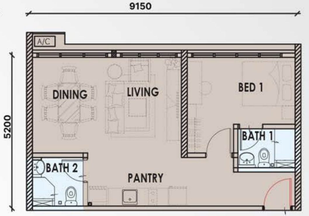 Type C1b floor plan, 506 sq ft, shown in its original one-bedroom layout